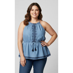 Lane Bryant Women 22W Blue Chambray Embroidered High Neck Tank Top